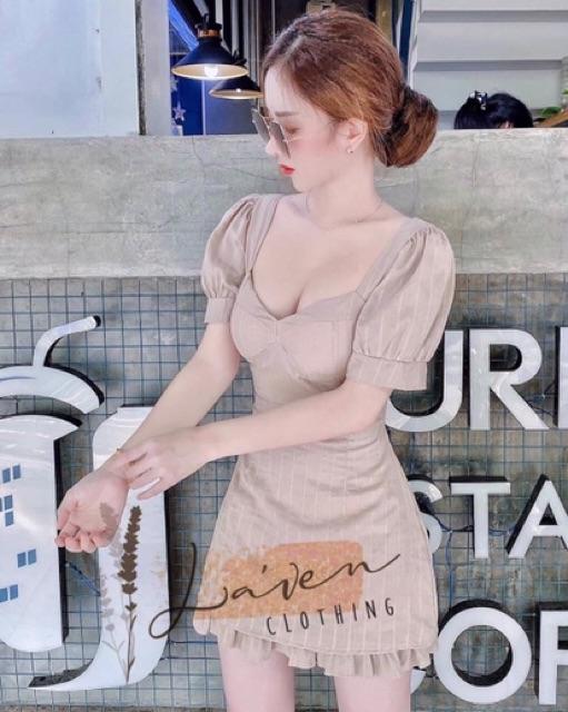 Đầm đũi tay phồng cổ vuông cột nơ lưng có mút ngực sexy sang chảnh