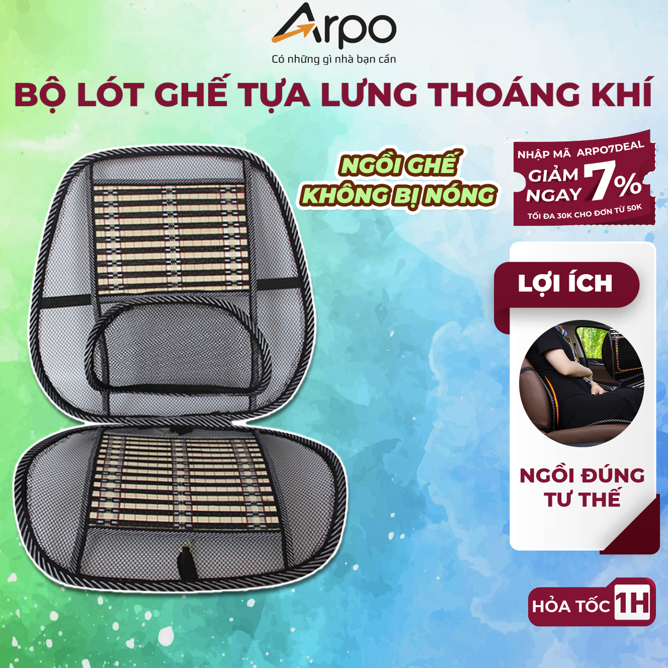 Bộ Lót Ghế Tựa Lưng Thiết Kế Lưới Trúc Massage Lưng Thoáng Mát, Chống Mỏi, Chống Nóng Hiệu Quả