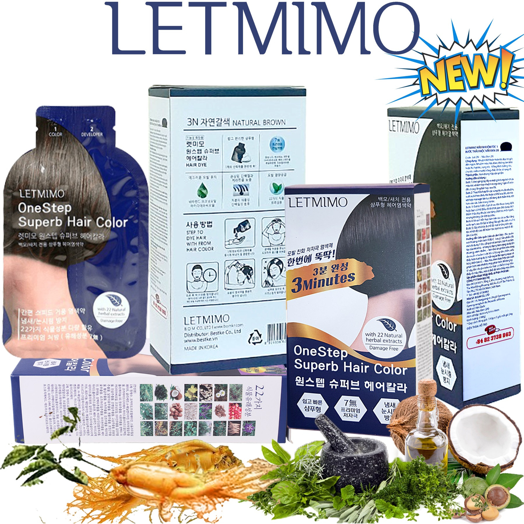 LETMIMO Thuốc Nhuộm tóc Phủ Bạc dạng gội đầu Thảo Mộc 3N-Nâu tự nhiên Set 4 Hộp = 20 Gói, Mỗi gói 24g