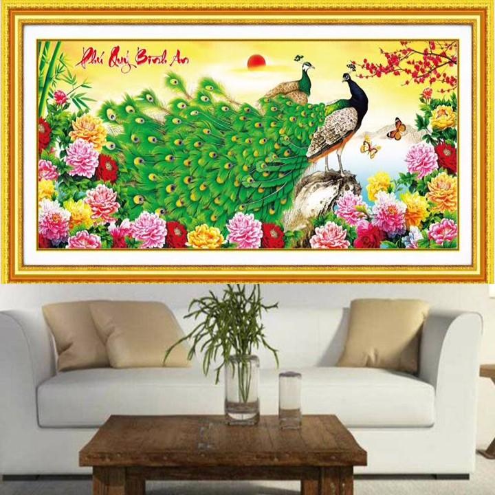 Tranh thêu công xanh phú quý bình an 88821 - kích thước: 89 * 44cm.