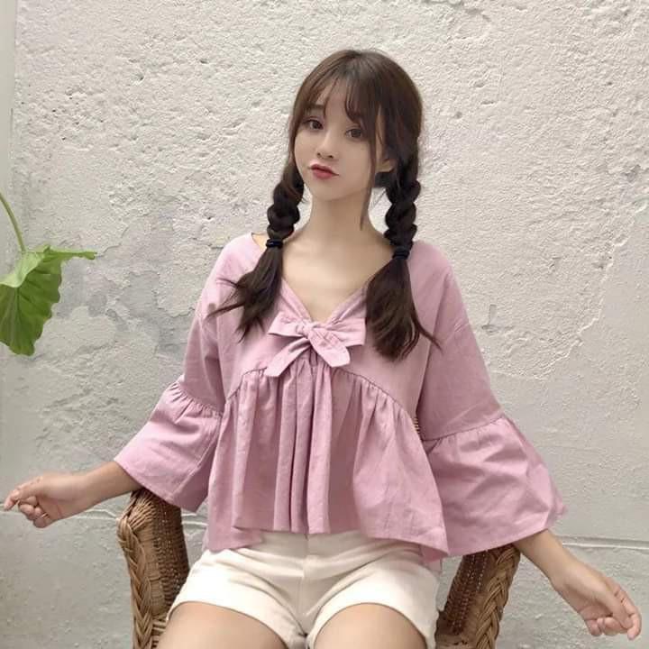 ÁO BABYDOLL NỮ PHỐI NƠ 2 MÀU HỒNG, TRẮNG CHẤT THẤM MỒ HÔI HÈ 2021