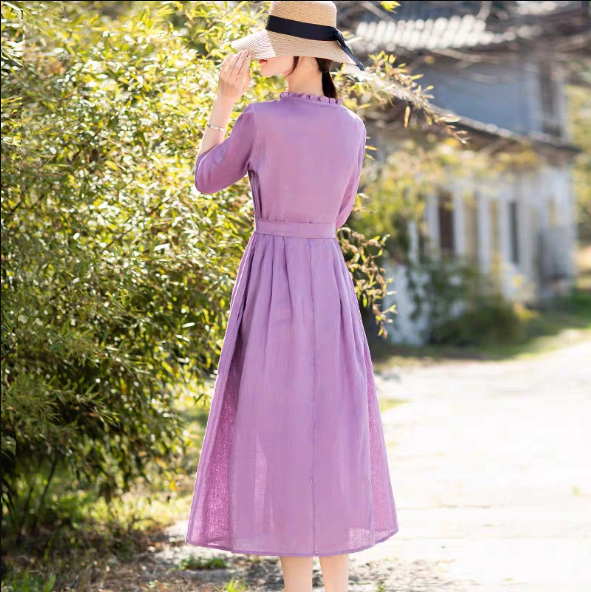 Đầm linen nữ cổ bèo màu tím siêu xinh, phong cách cổ điển quý phái, chất liệu linen cao cấp HB62