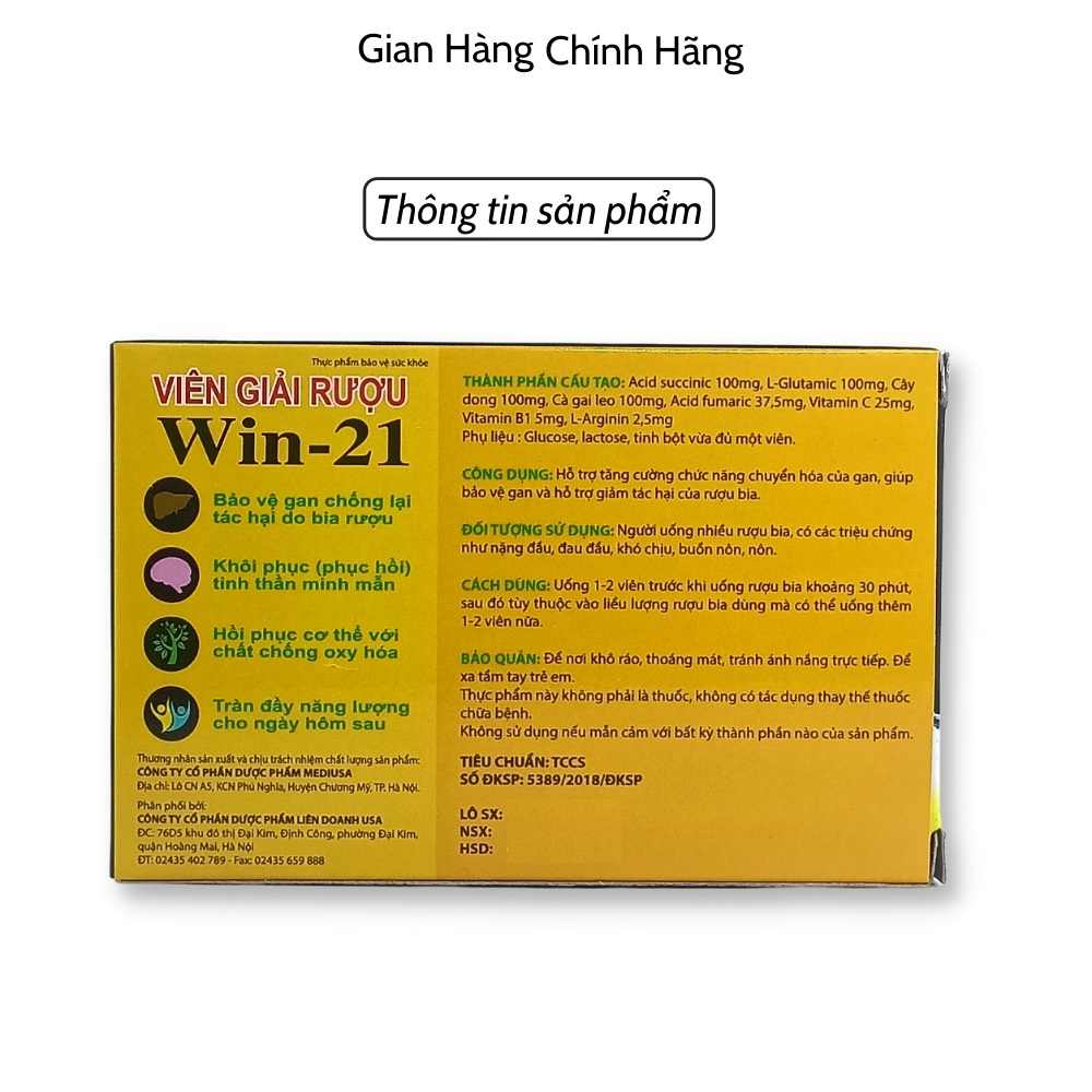 Combo 6 Hộp Viên Giải Rượu Win 21 - Tự Tin Hơn Khi Uống Rượu - Không Đau Đầu Khi Uống Say - 1 Hộp Có 4 Viên, 1 Combo 6 Hộp Có 24 Viên