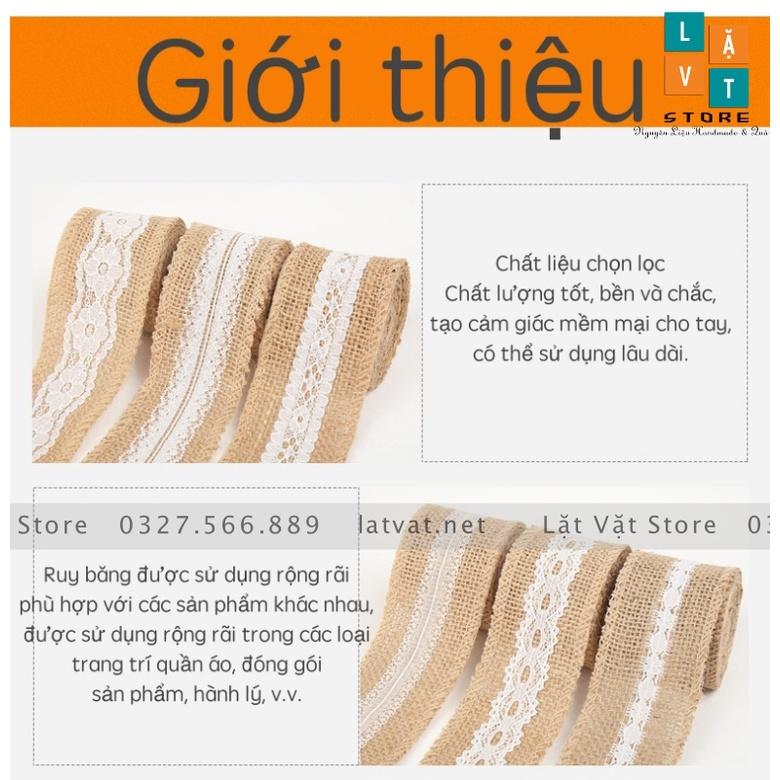 Ruy băng vải bố có ren trắng DIY trang trí, handmade, tiệc cưới, Giáng sinh làm từ sợi đay, ribbon Decor