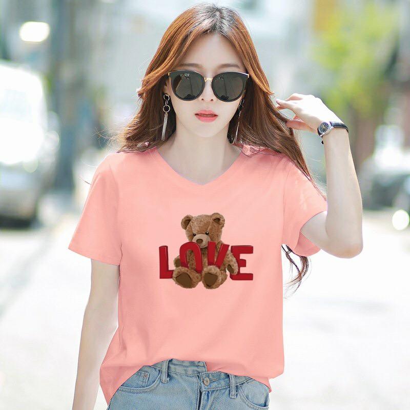 Áo thun nữ MXM cổ tim form rộng in hình gấu chữ Love thun cotton 4 chiều từ 45-60kg