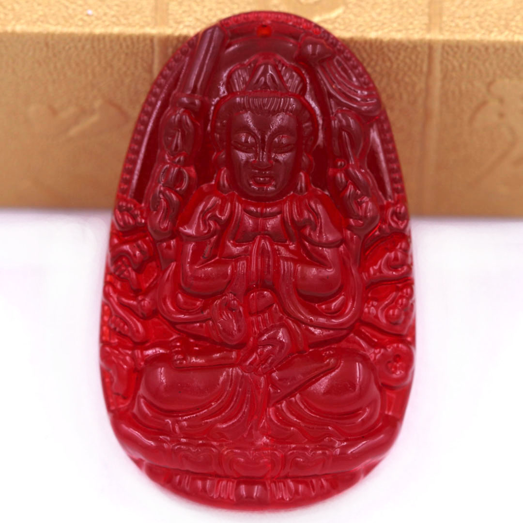 Mặt Phật Quan âm nghìn tay nghìn mắt pha lê đỏ 1.9cm x 3cm  kèm vòng cổ hạt chuỗi đá đen + móc inox vàng, Mặt Phật Quan âm
