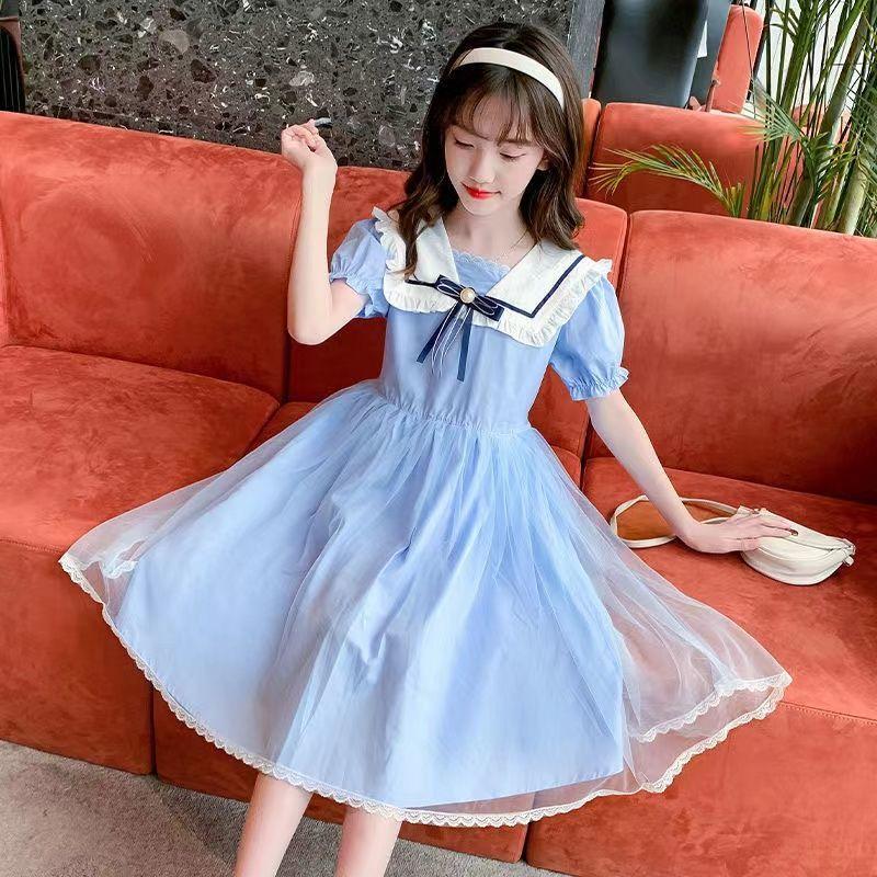 DONGSHOP Cô gái lớn bé ăn mặc mùa hè 2022 trẻ em tây tay áo ngắn công chúa váy cô gái mùa hè đầm dài