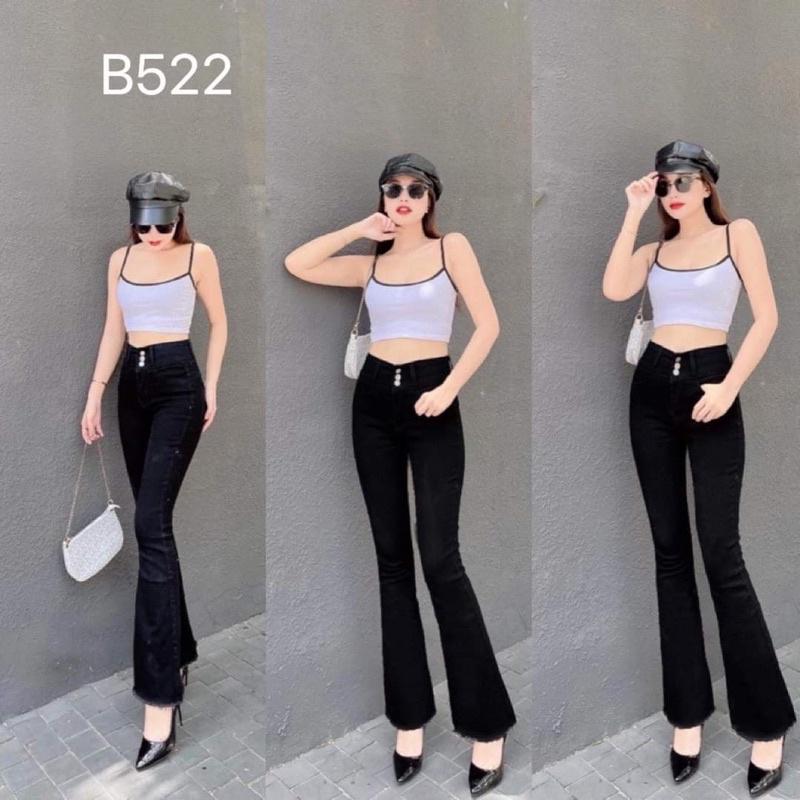 Quần Jeans Nữ Màu đen Lưng Cao 3 nút lai tua rua