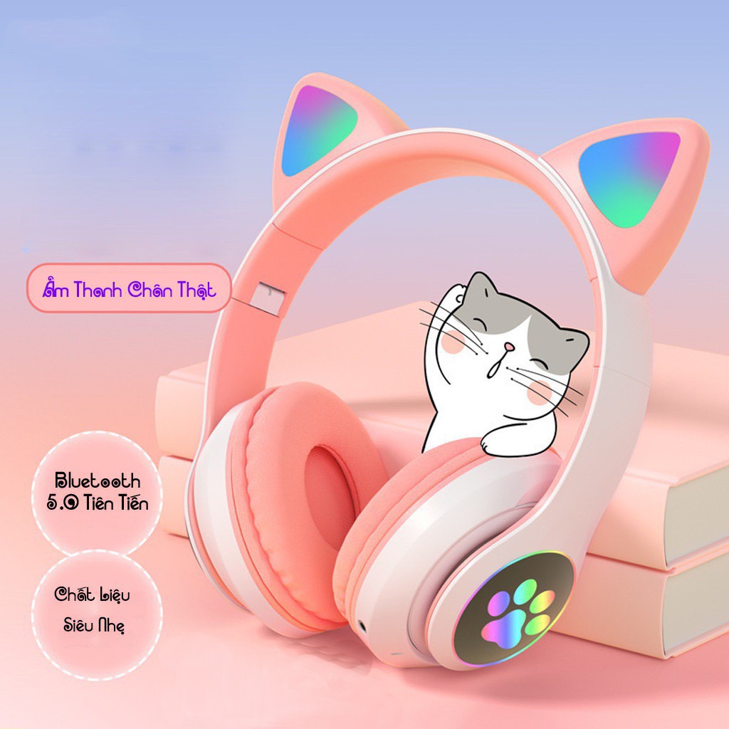 Tai nghe Bluetooth tai mèo đáng yêu có mic đàm thoại cao cấp, tai nghe mèo có đèn phát sáng cute tai nghe tai mèo thời trang, headphone Bluetooth đáng yêu có thể sử dụng khi chơi game