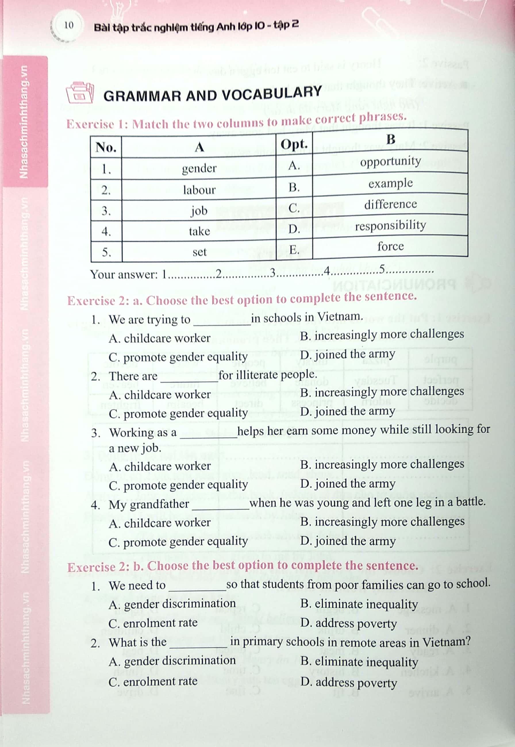 Sách Bài Tập Trắc Nghiệm Tiếng Anh Lớp 10 - Tập 2 (Có Đáp Án)