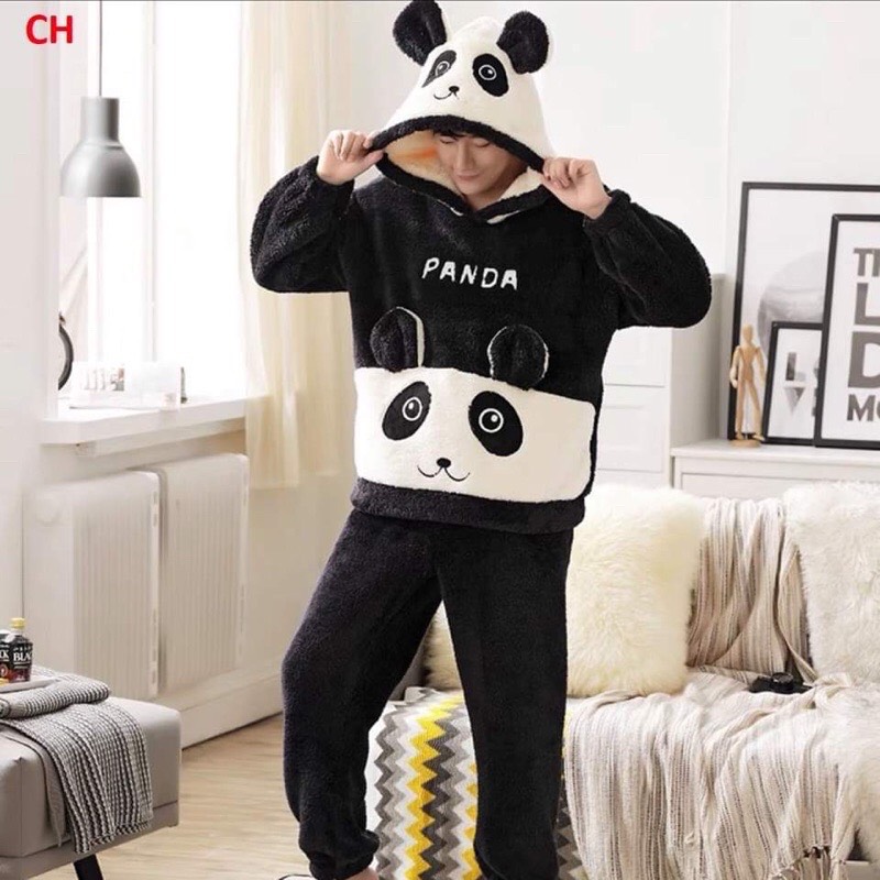 Bộ đồ ngủ nam nữ hình gấu trúc Pan Da Chất lông cừu Siêu Ấm Áp, Bộ mặc Nhà Unisex hình thú đáng yêu sang chảnh