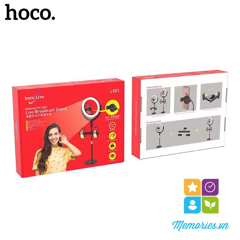 Bộ đèn tròn Livestream Hoco LV01 + kèm 3 kẹp điện thoại 4,7-6,5 inch, chân đế - Hàng chính hãng, chất lượng cao