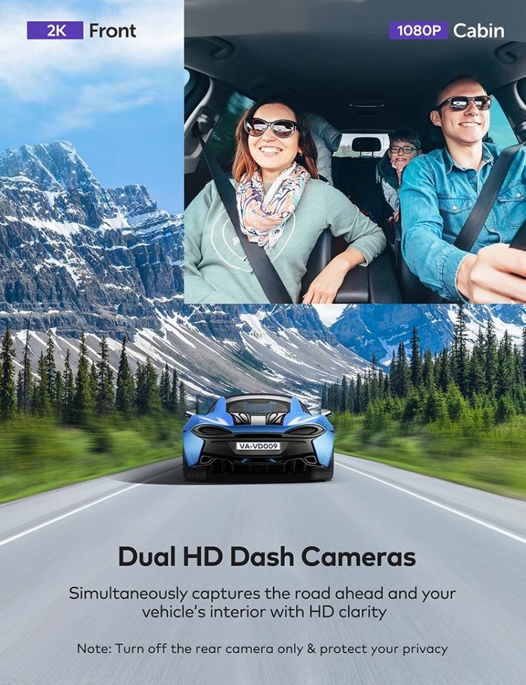 Camera Hành Trình VAVA Dual Dash Cam 2K Kèm Thẻ Nhớ U3 64Gb | Hàng Chính Hãng