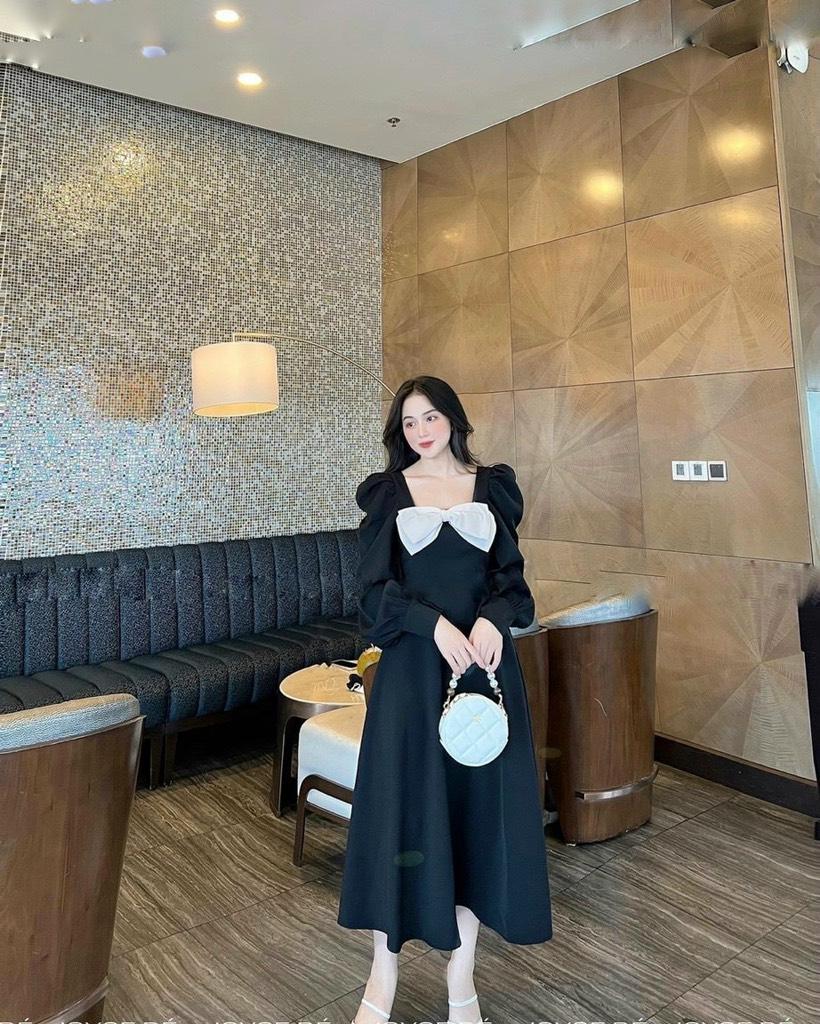 ĐẦM MIDI TAY DÀI PHỐI NƠ NGỰC