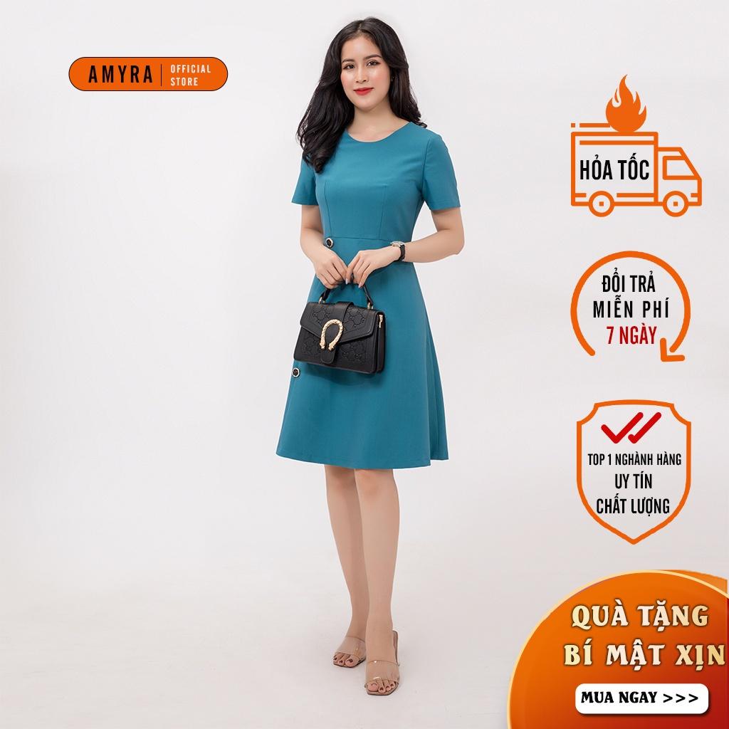 Đầm trung niên sang trọng cho mẹ bigsize AMYRA, thiết kế dáng xòe dài đẹp cao cấp dự tiệc đính nút công sở cho mẹ DA102