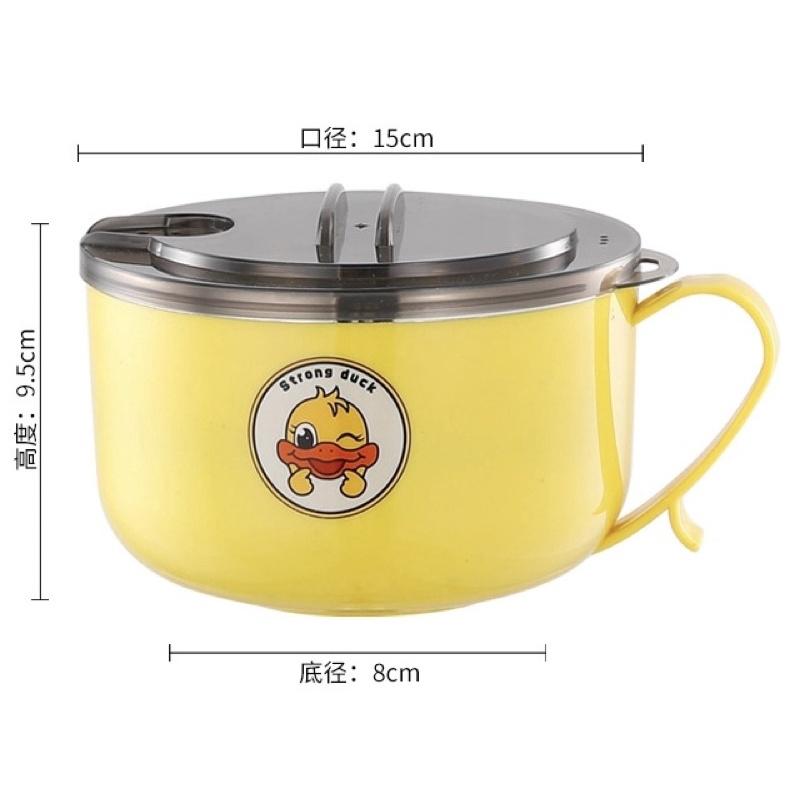 Bát ăn mì hình vịt vàng có tay cầm kèm nắp đậy có lổ thoát nước và ngăn đỡ điện thoại - Tô ăn mì , bát ăn dặm cách nhiệt