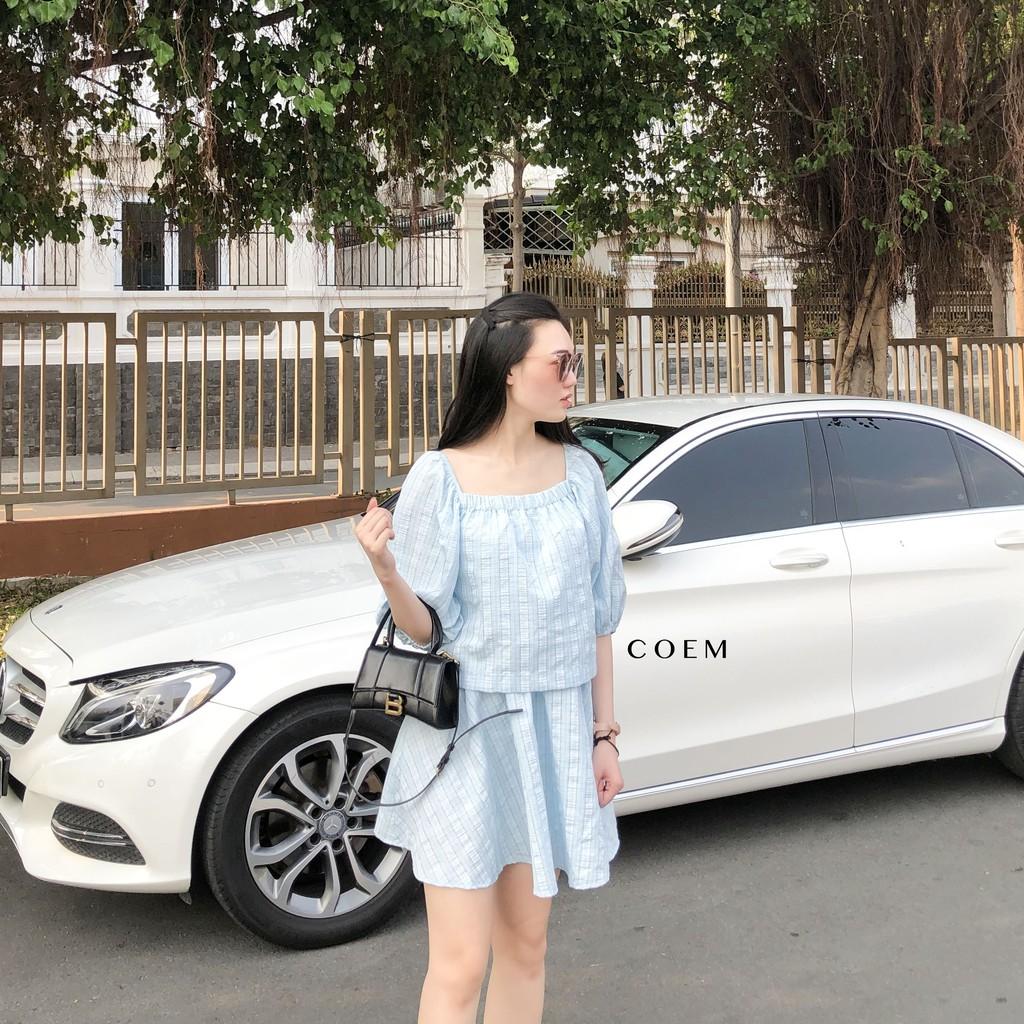 Đầm Liền Dáng Ngắn Freesize VảI Dập Kim Tuyến Màu Xanh CO EM Thiết Kế Cao Cấp Phù Hợp Dạo Phố Đi Chơi