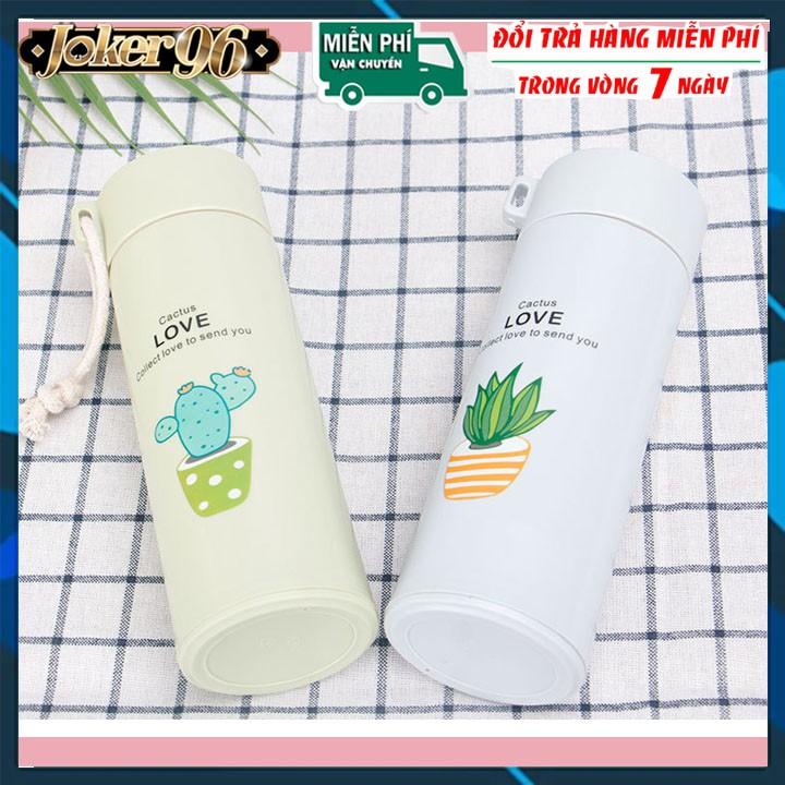 Bình giữ nhiệt in hình xương rồng 450ml lõi thủy tinh bọc và nhựa lúa mạch có dây sách tiện dụng