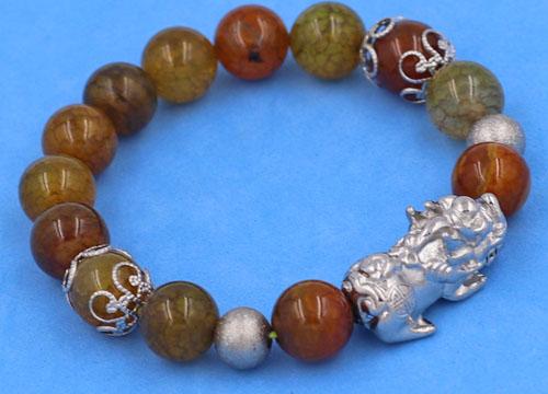 Vòng chuỗi đeo tay Đá Vân Rồng Nâu Vàng size 10 ly mix Tỳ Hưu inox VVRTHVHKHB10