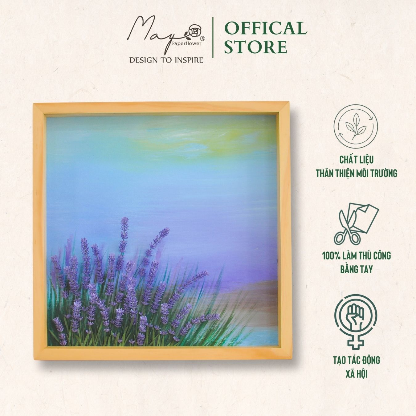 Tranh hoa giấy handmade trang trí cao cấp ROMANCE Lavender Field 40x40 cm - Maypaperflower Hoa giấy nghệ thuật