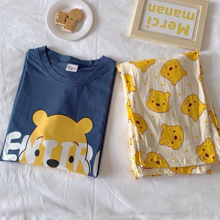 Set bộ đồ dành cho nữ, in hình gấu dễ thương, áo cộc tay quần dài chất thun cotton mềm mại mát mẻ