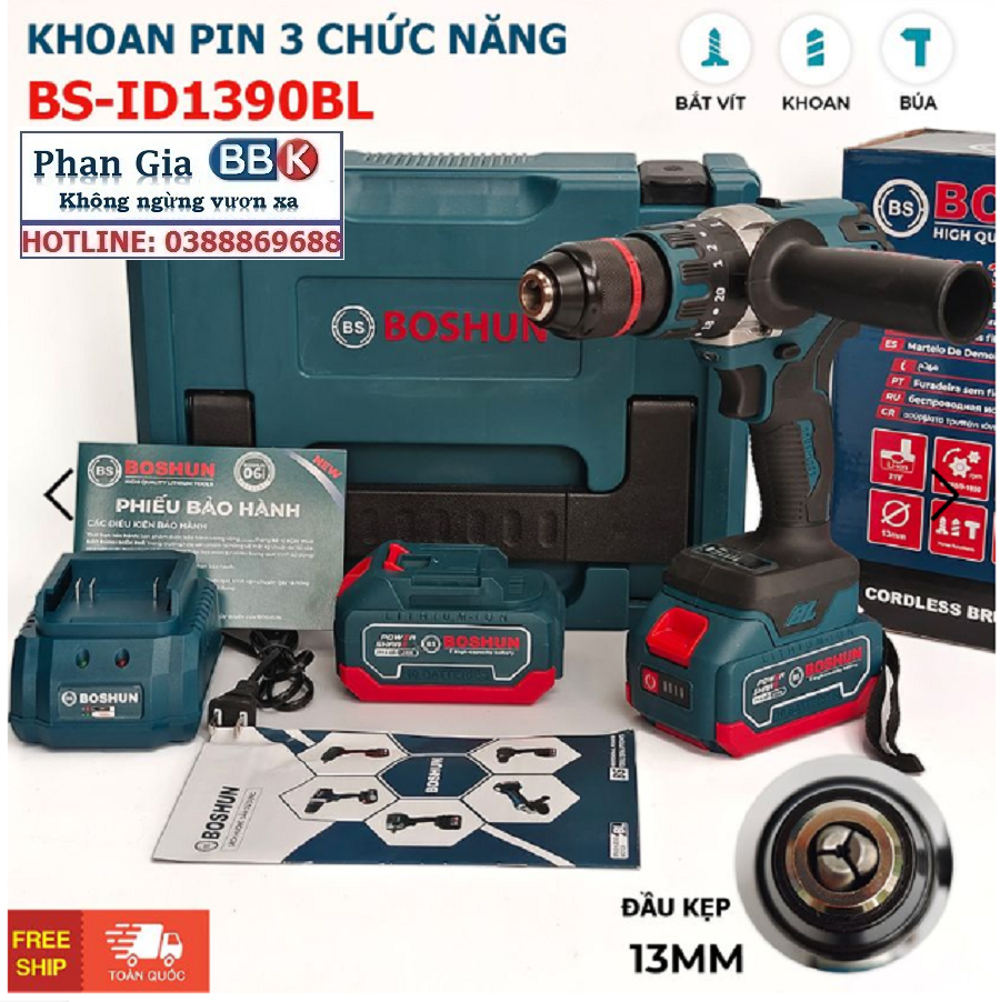 Máy Khoan Pin Boshun BS-ID1390BL Có Búa, Động Cơ Không Chổi Than 100% Lõi Đồng, Đầu AutoLock 13mm