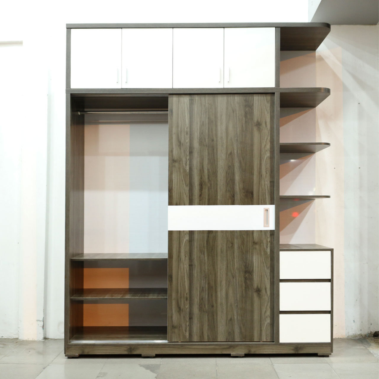 Tủ Áo Lùa Kịch Trần Gỗ MDF Melamine Màu Xám Rêu Chỉ Trắng Cao Cấp Viva