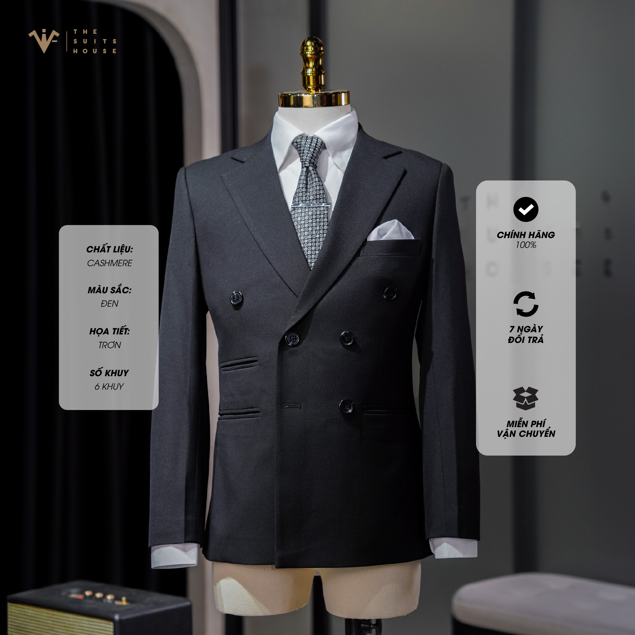 [CLASSY 1] Nguyên bộ suits 2 mảnh ĐEN 6 KHUY 3 TÚI, vải cashmere, form chuẩn