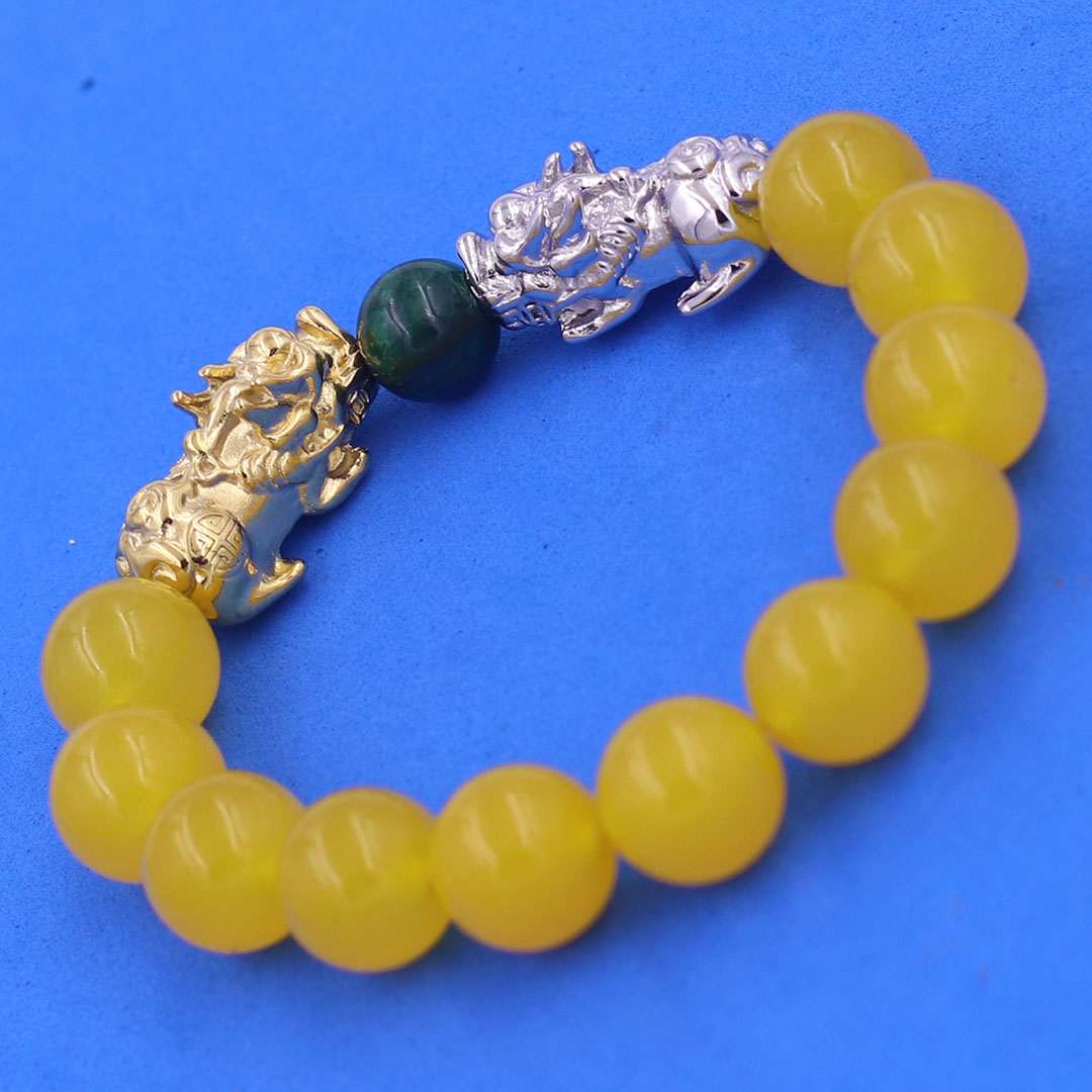 Vòng chuỗi đeo tay đa thạch anh vàng 12 ly charm tỳ hưu đôi inox trắng và vàng, vòng chuỗi phong thủy, charm tỳ hưu, vòng tay hạt chuỗi