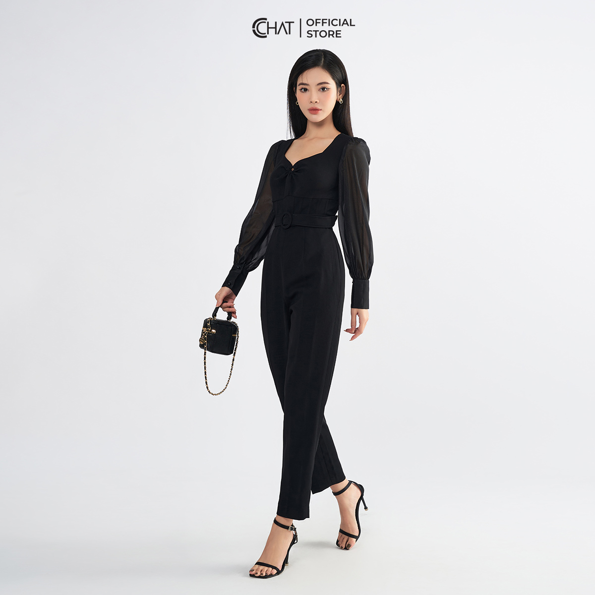 Jumpsuit Nữ  Cổ Nữ Hoàng Phối Tay Chất Tuytsi Cao Cấp Mềm Mịn 22JDS8007BT