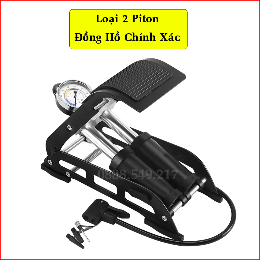 Bơm Hơi Đạp Chân Loại 2 Pitton Đồng Hồ Chính Xác Sử dụng cho nhiều loại xe ô tô, xe máy, xe đạp, bể bơi, bóng đá, đồ chơi