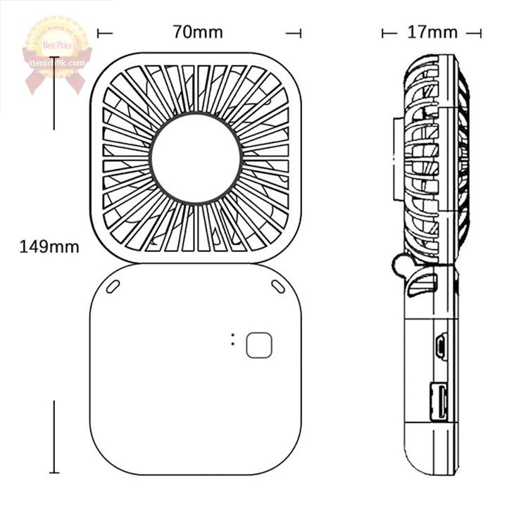 Quạt mini cầm tay đeo cổ tích điện để bàn hình vuông gấp gọn 3 tốc độ siêu mát pin sạc USB tiện lợi đi chơi du lịch