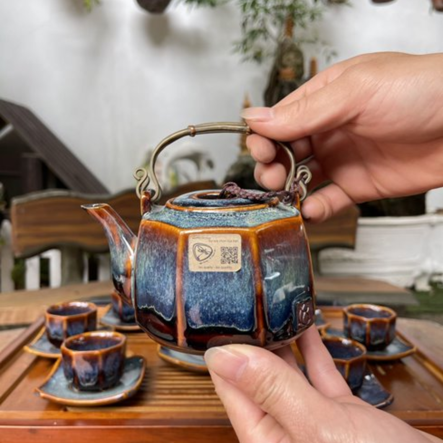 Bộ ấm chén uống trà cao cấp , bộ ấm trà Bát Tràng - hỏa biến bát giác tím