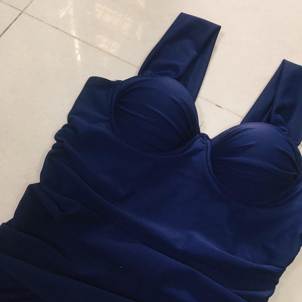 Set bikini liền mảnh nâng ngực che bụng kín đáo màu xanh đen