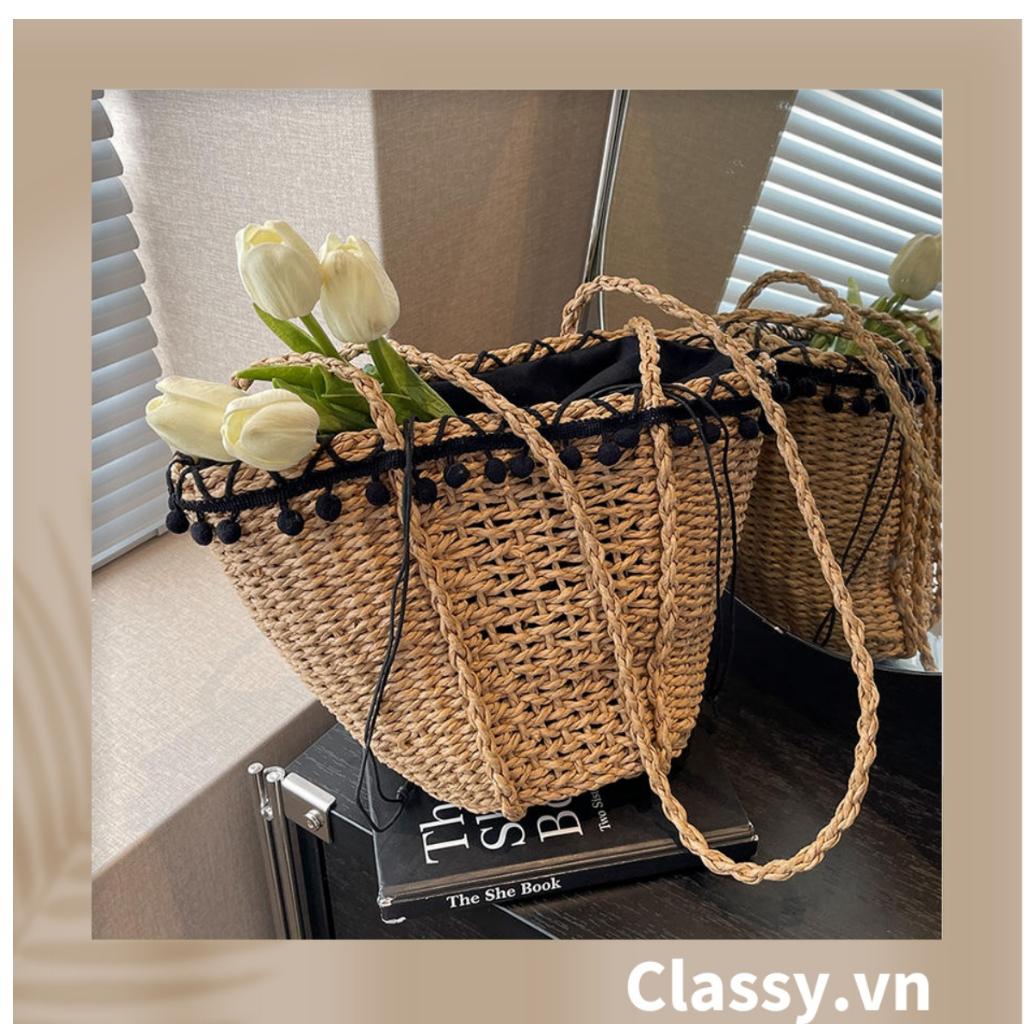Túi cói Classy đi biển đính hoạ tiết bông gòn đen, kiểu dáng Vintage, có lớp lót trong rộng rãi T331