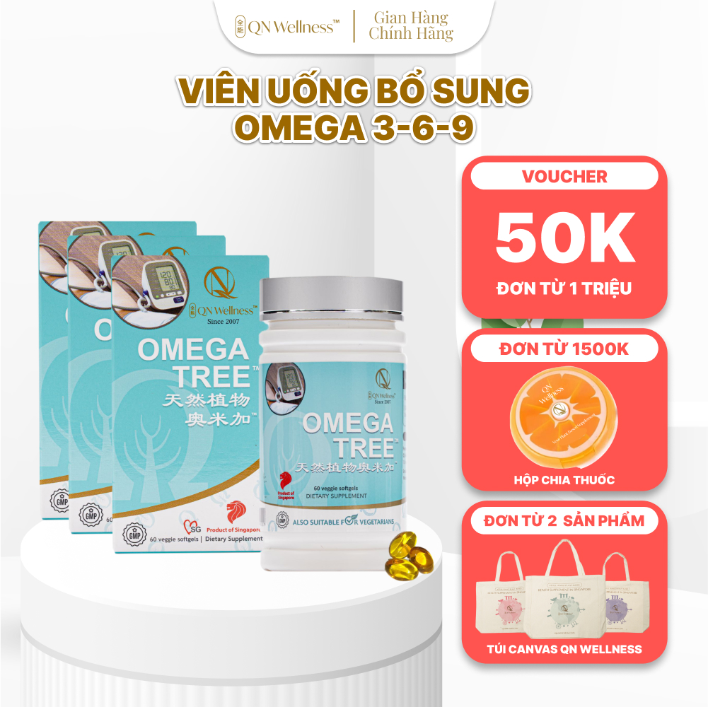 Combo Siêu Ưu Đãi Viên Uống Omega-3 Thực Vật Omega Tree QN Wellness Thuần Chay Chiết Xuất Từ Dầu Hạt Lanh, Hỗ Trợ Sức Khỏe Tim Mạch & Làn Da - Hộp 60 Viên x 3