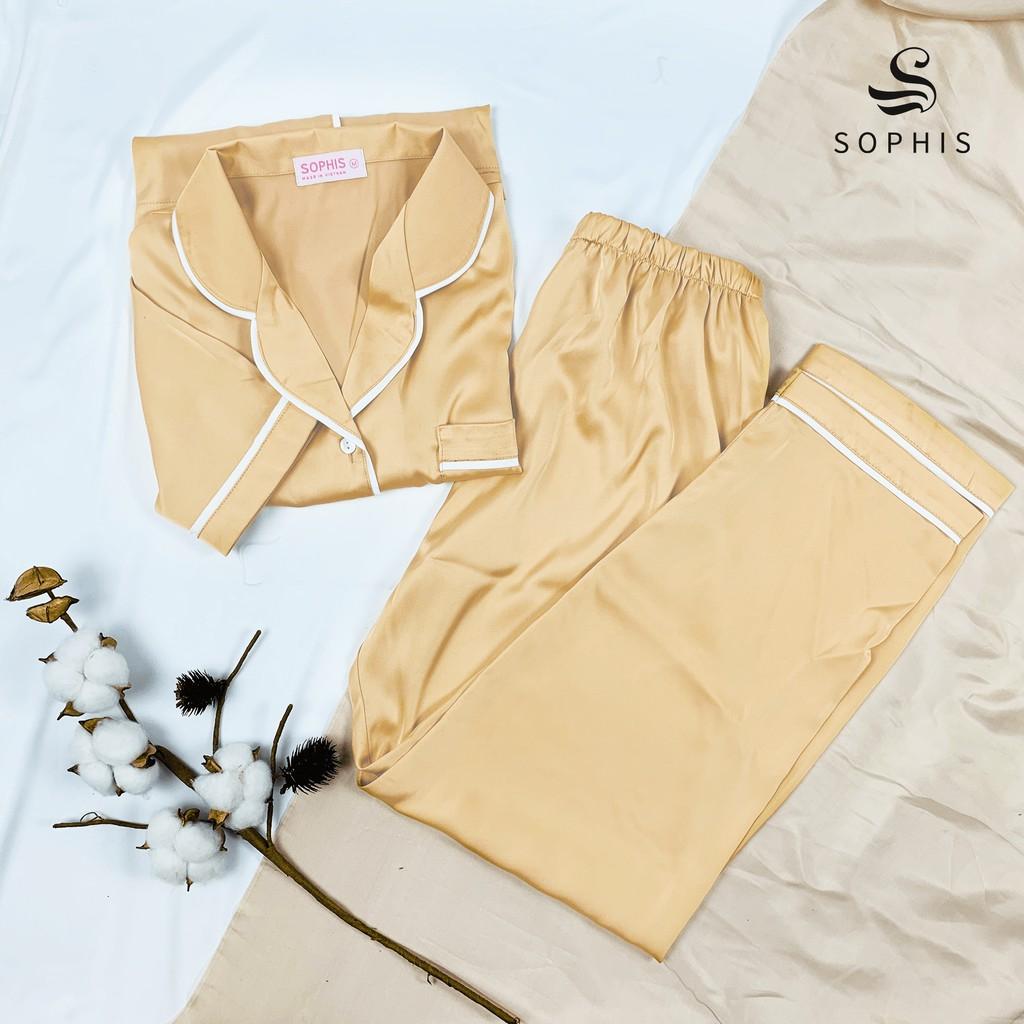Pijama satin tay ngắn quần dài lụa cao cấp, hàng thiết kế Sophis HPJ004 - Vàng Mustard