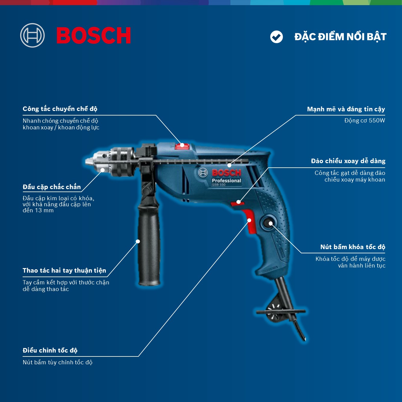 Máy khoan động lực Bosch GSB 550 550W - Tặng bộ phụ kiện FREEDOM 90 chi tiết