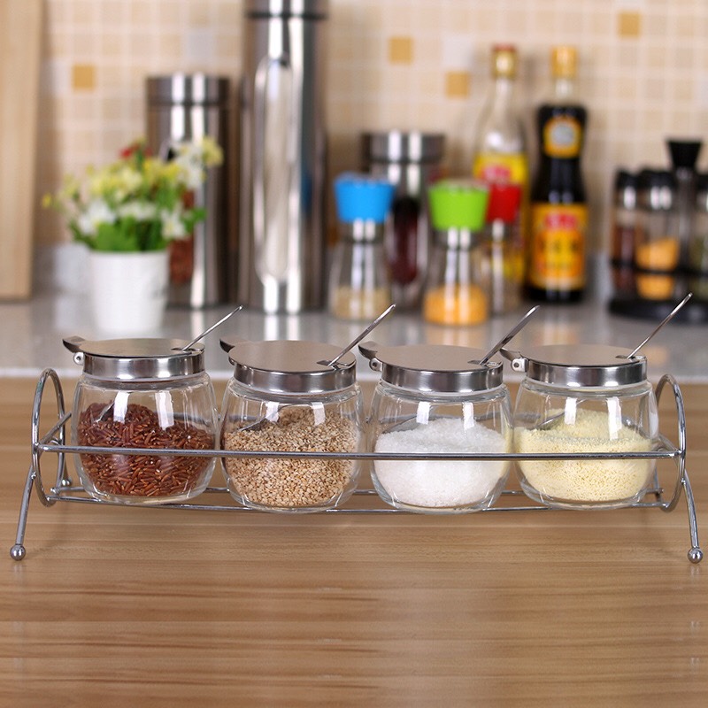 Hũ 4 Lọ Giạ vị Thủy Tinh Có Kệ Nằm Ngang Nắp Inox #304 Kèm Thìa - Thép Không Gỉ