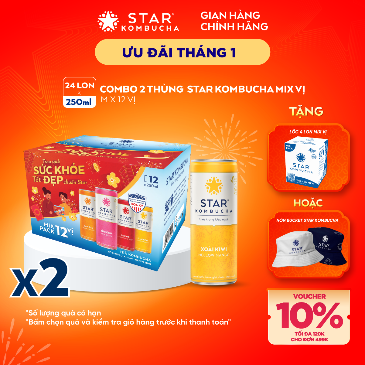 Combo 2 thùng trà lên men Star Kombucha mix 12 vị