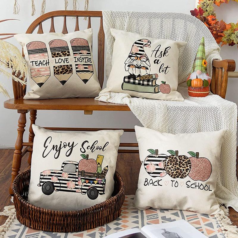 Back to School Pencil Book Gnome Truck Apple Throw Pillow Covers, 18X18 Pillows Cushion Case for Sofa Couch Set of 4