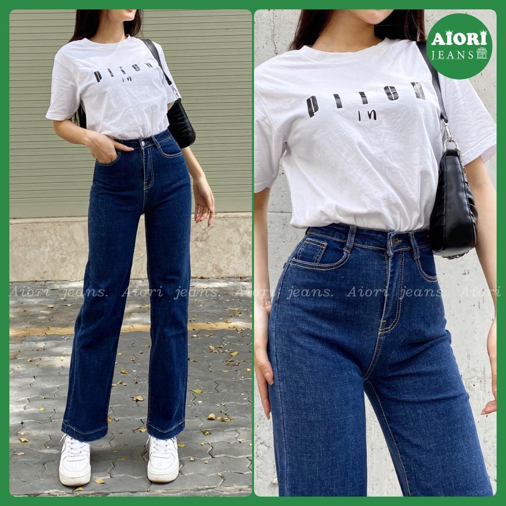 Quần Jeans Nữ AIORI Ống Suông Đứng Dáng dài chất bò jean cao cấp co giãn mềm mịn thời trang 4 mùa_Mã E001 - Xanh Nhạt