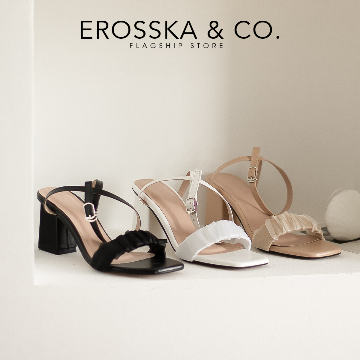 Erosska - Giày sandal cao gót nữ quai nhún lưới phối dây quai mảnh cao 7cm  - EB050