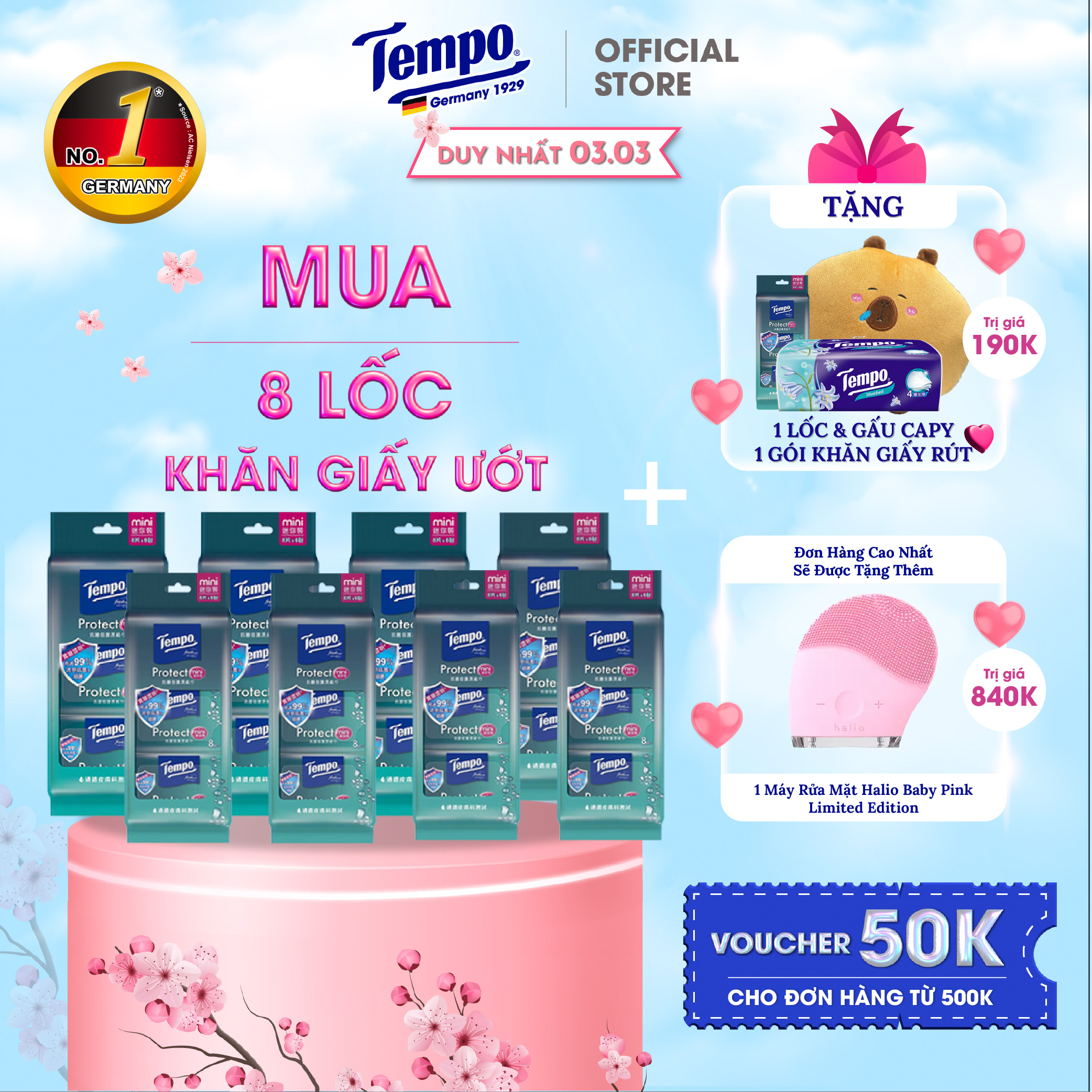 [MUA 8 LỐC TẶNG 1 LỐC + 1 GÓI GIẤY RÚT] Khăn ướt Mini Tempo Protect Ngăn Ngừa Vi Khuẩn cao cấp - Diệt khuẩn 99%