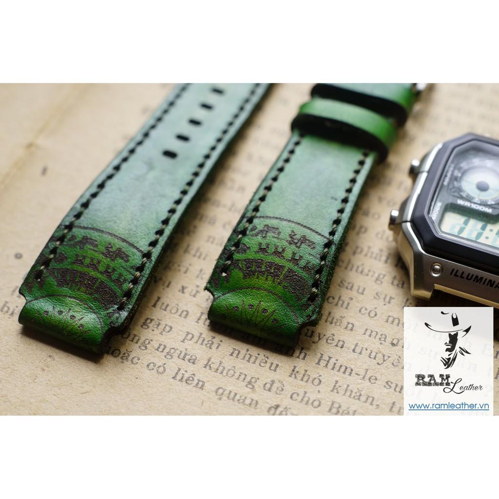 DÂY ĐỒNG HỒ DA BÒ THẬT - RAM TRỐNG ĐỒNG XANH LÁ - CASIO AE1200/SEIKO5 - RAM LEATHER -