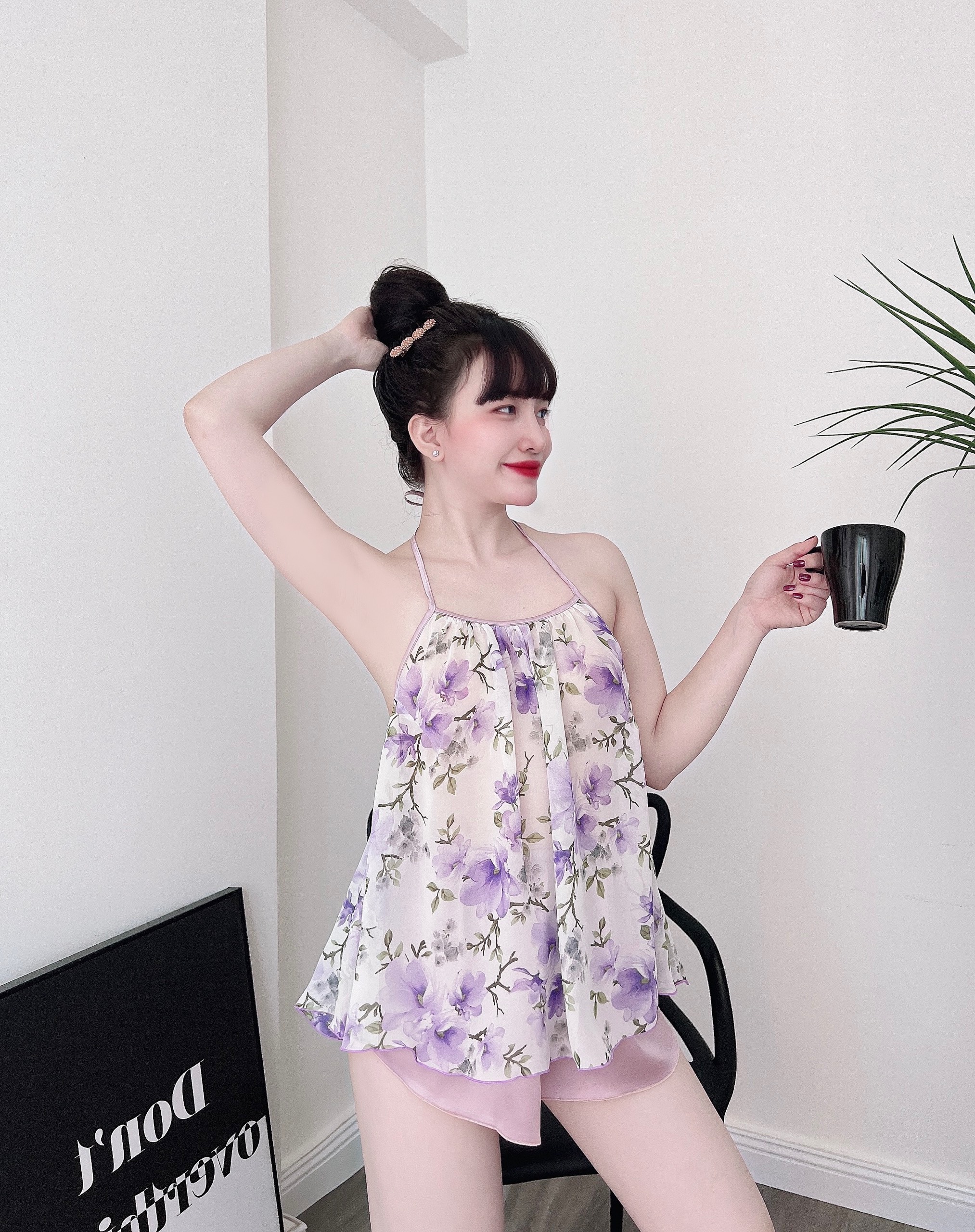 Đồ Bộ Ngủ Lụa 2 Dây Nữ, Bộ Ngủ Sexy Nữ áo voan tơ cổ yếm + quần satin, freesize 40_57kg, tuỳ chiều cao - 7