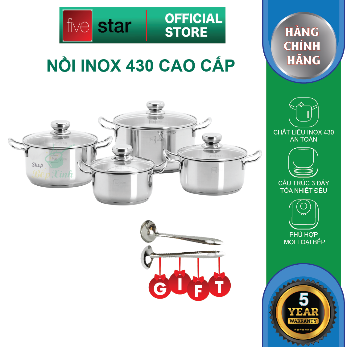 Bộ 4 Nồi Nắp Kiếng 3 Đáy FIVESTAR FS08CG  – Hàng Chính Hãng