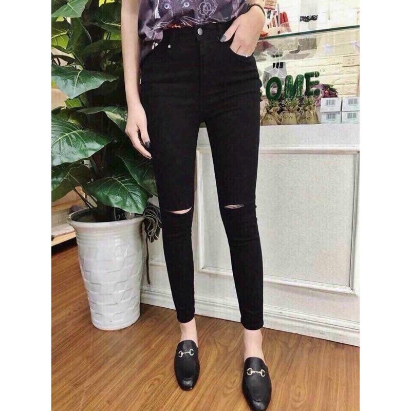 Quần Jeans Nữ Rách Gối Màu Đen