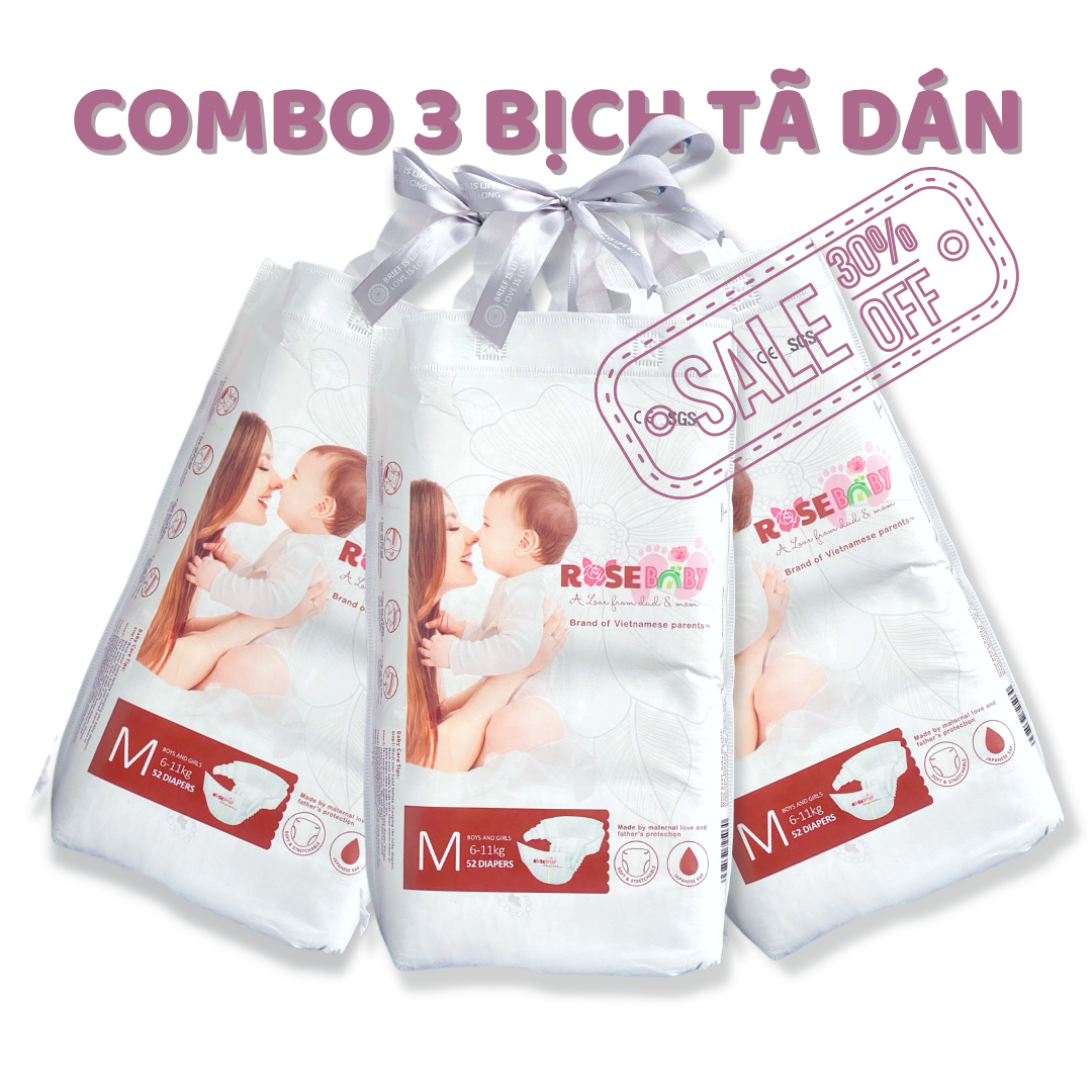 COMBO 3 BỊCH TÃ DÁN ROSE BABY NEWBORN60 / S56 / M52 / L48