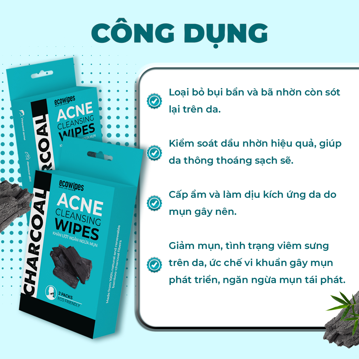 Hộp 02 gói khăn giấy ướt ngừa mụn than hoạt tính Charcoal Anti Acne Cleansing Wipes gói 15 tờ an toàn cho da